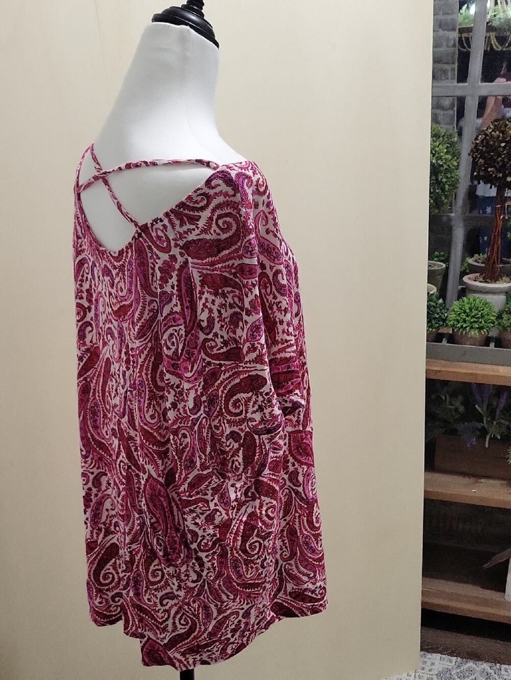 Lucky Brand Pink Paisley Boho Tunic Top, Criss Cross Back Details, Sz 3X